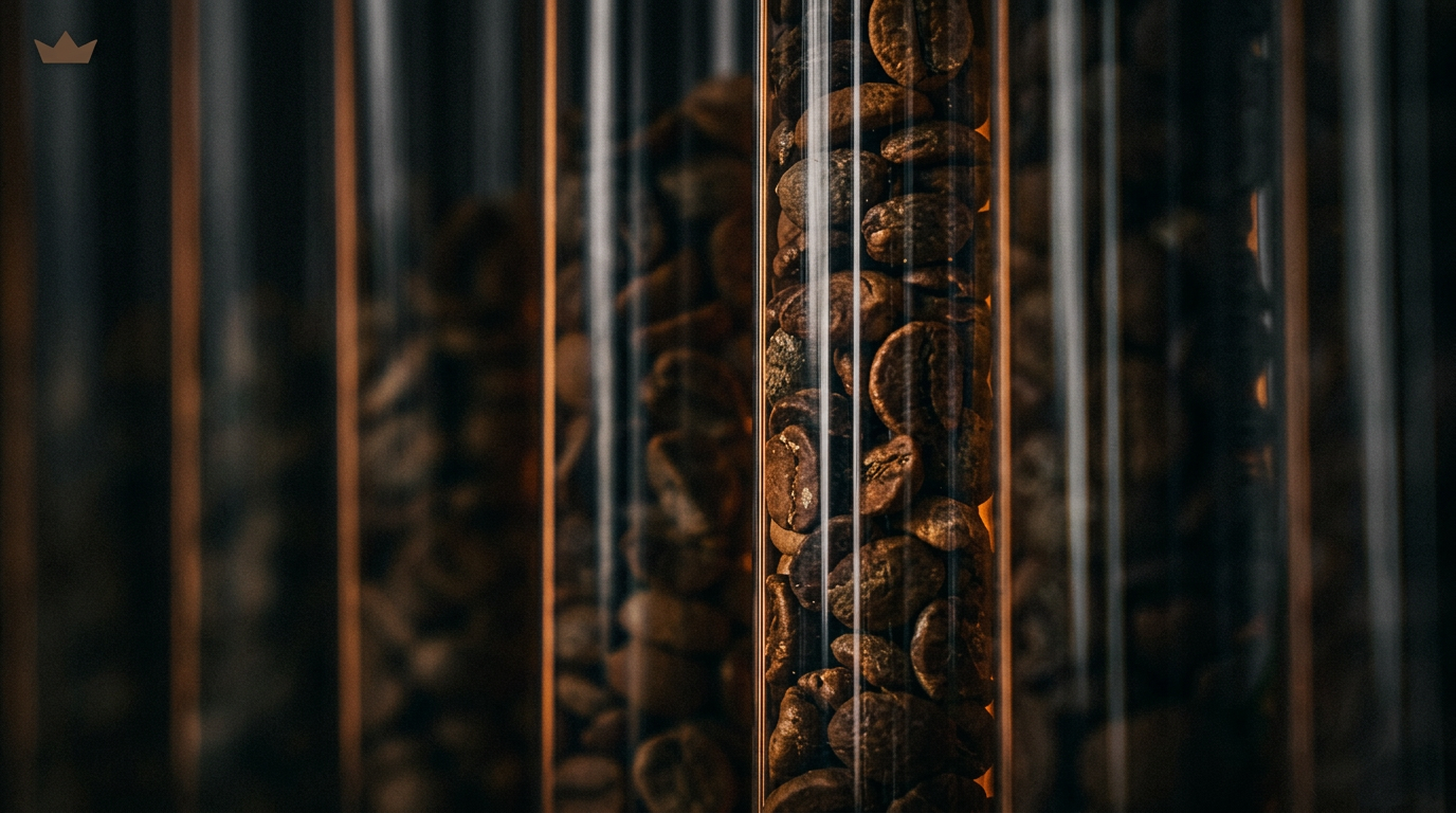A drum roaster glowing amber through its viewing window in a dark roastery