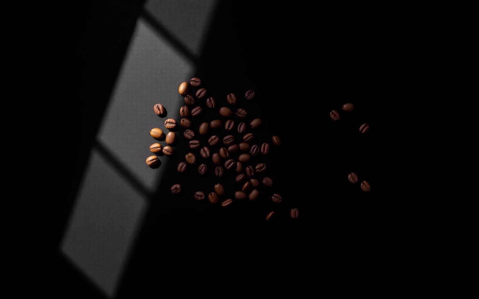 Dark roasted coffee beans under a single beam of warm light