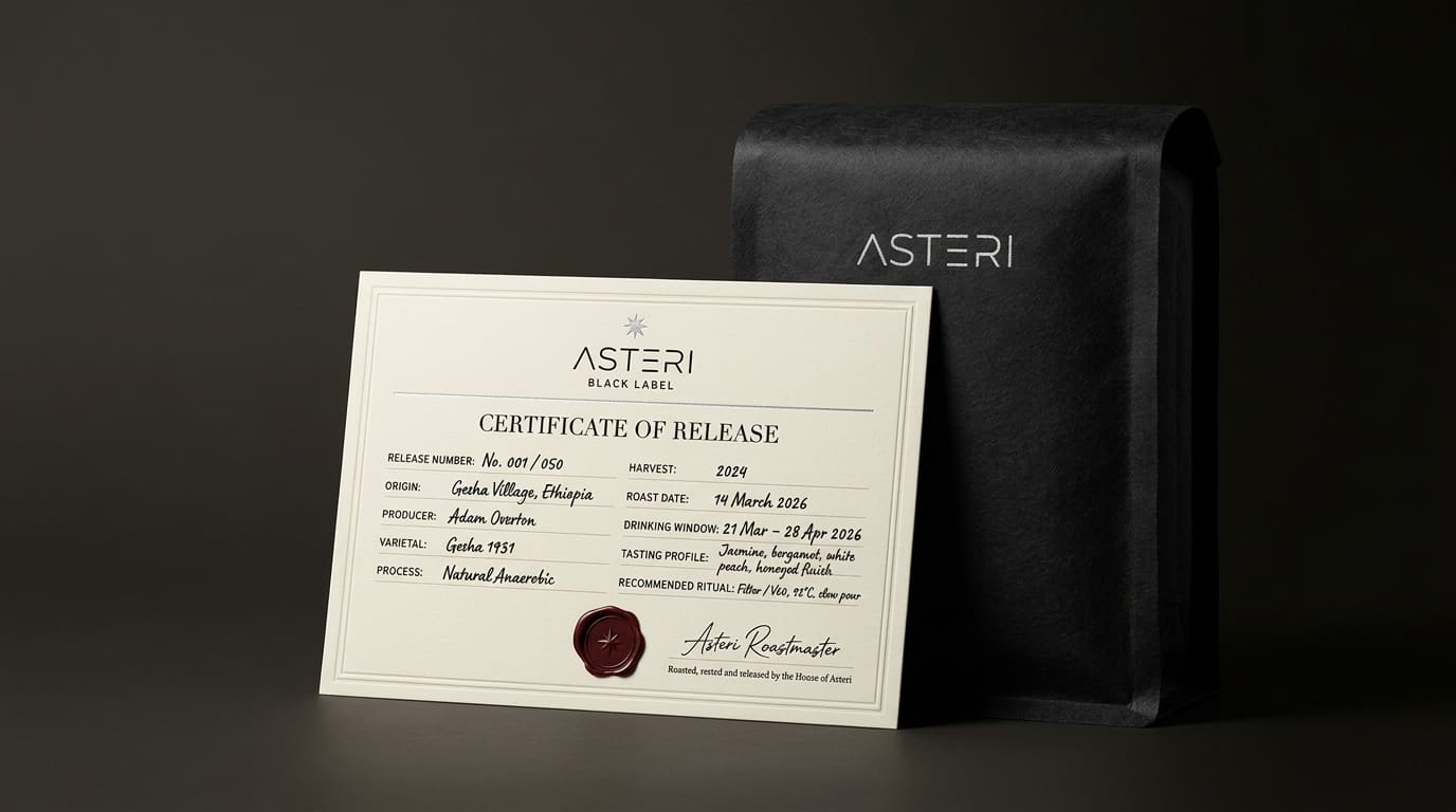 Numbered Certificate of Release with red wax seal beside a Black Label bag