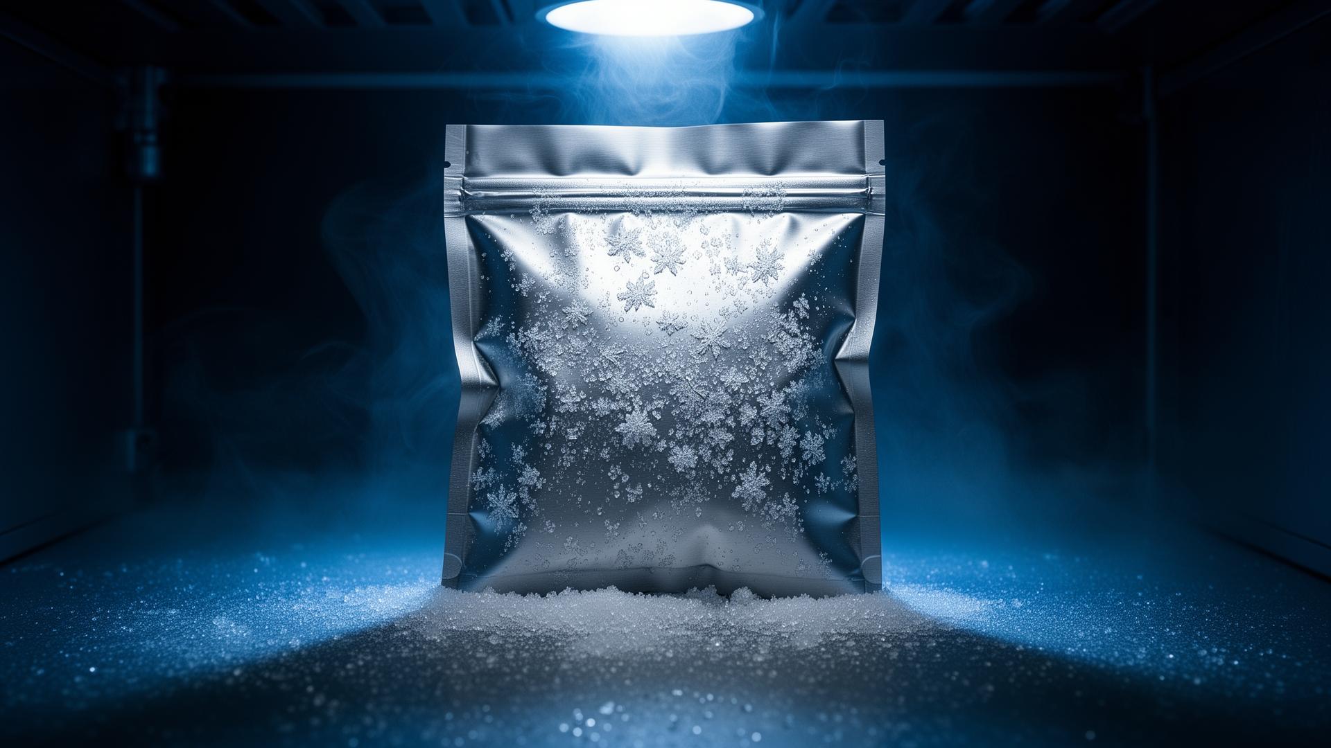 Sealed silver pouch with frost crystals in a cryo chamber