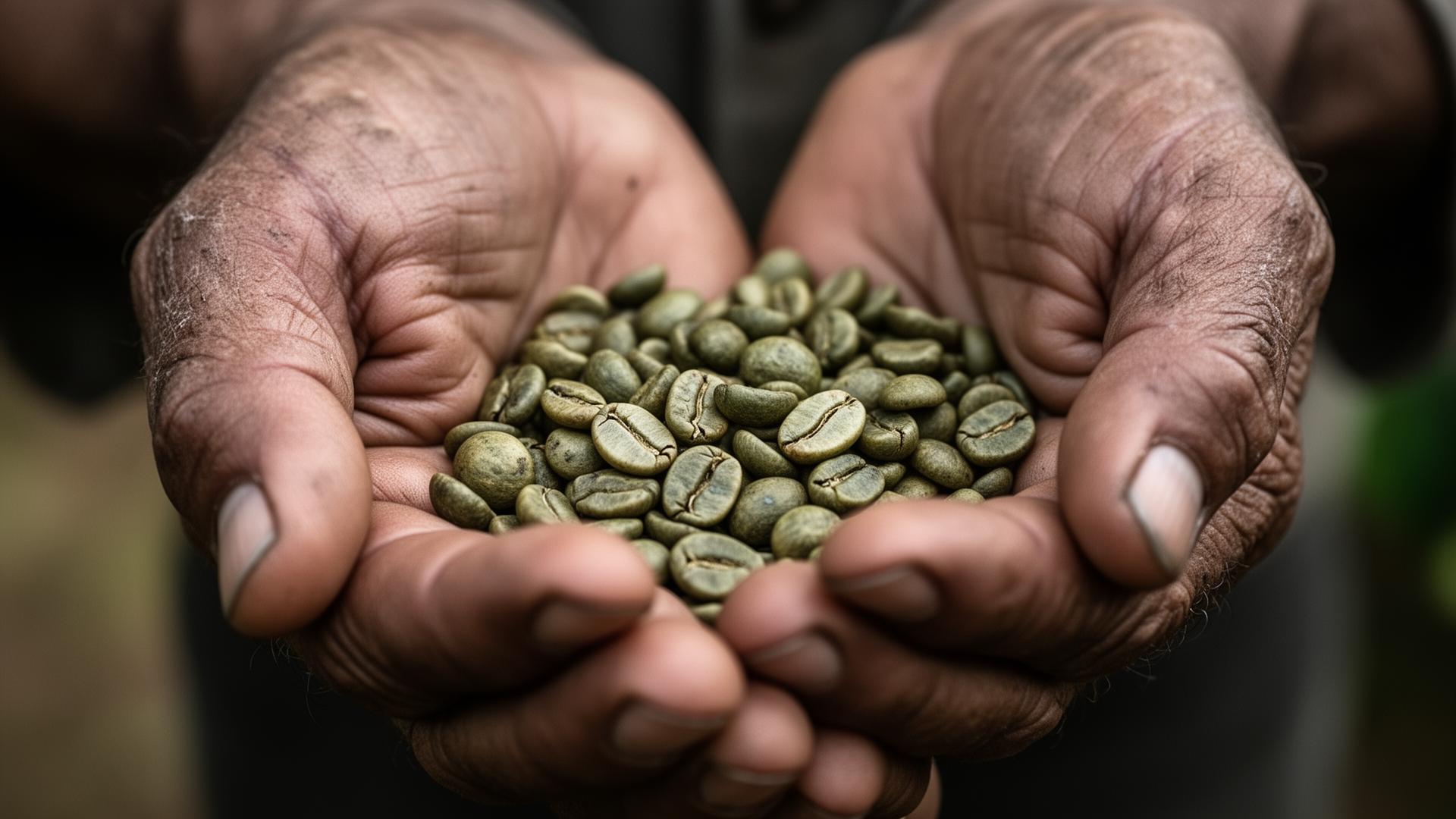 A hand holding a small lot of rare green coffee beans with a producer note