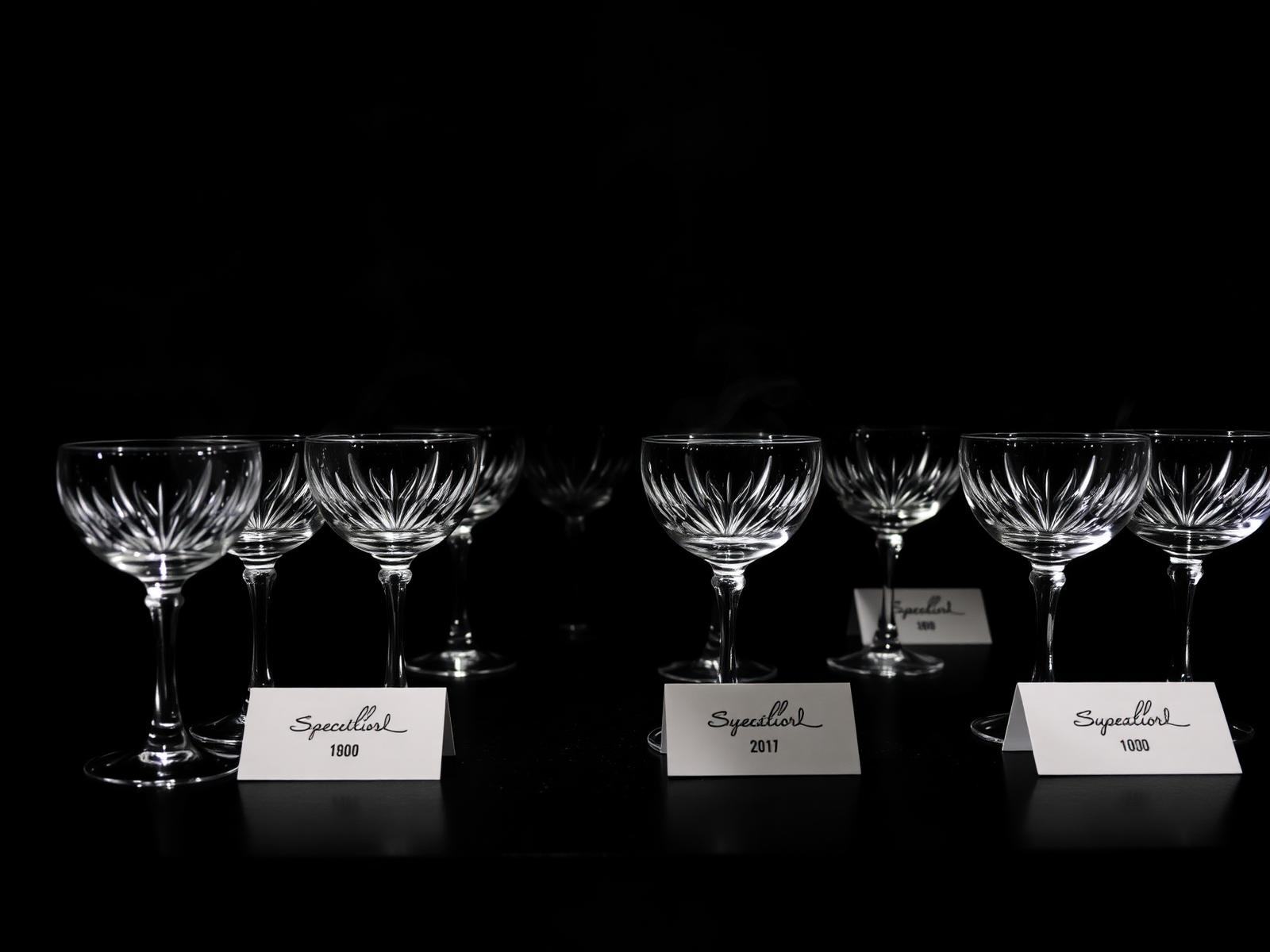 Dark cupping table with crystal cupping glasses labelled with origin codes and rising steam