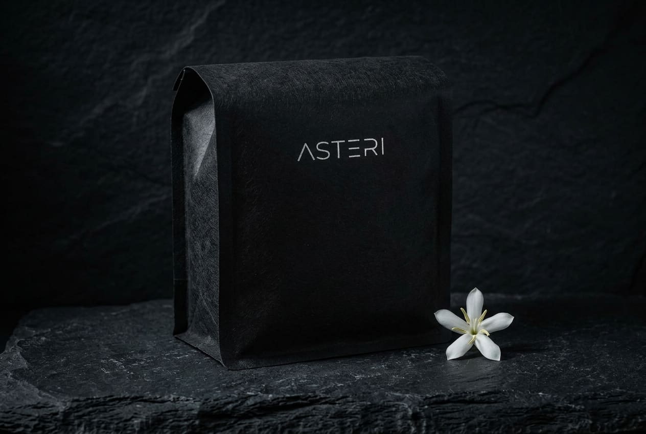 Asteri Black Label bag with silver 90+ emblem styled like a luxury perfume with jasmine and lime