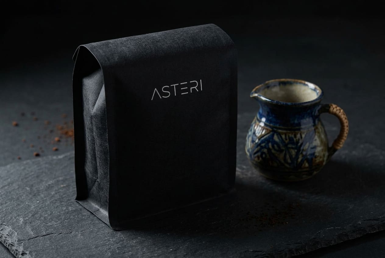 Asteri Black Label bag with silver 86+ emblem on deep red textured background