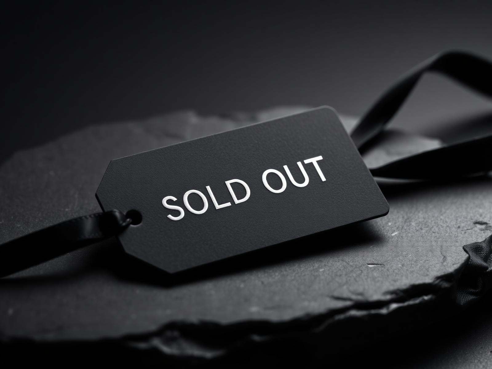 Matte black sold out hang tag with silver foil text on dark stone