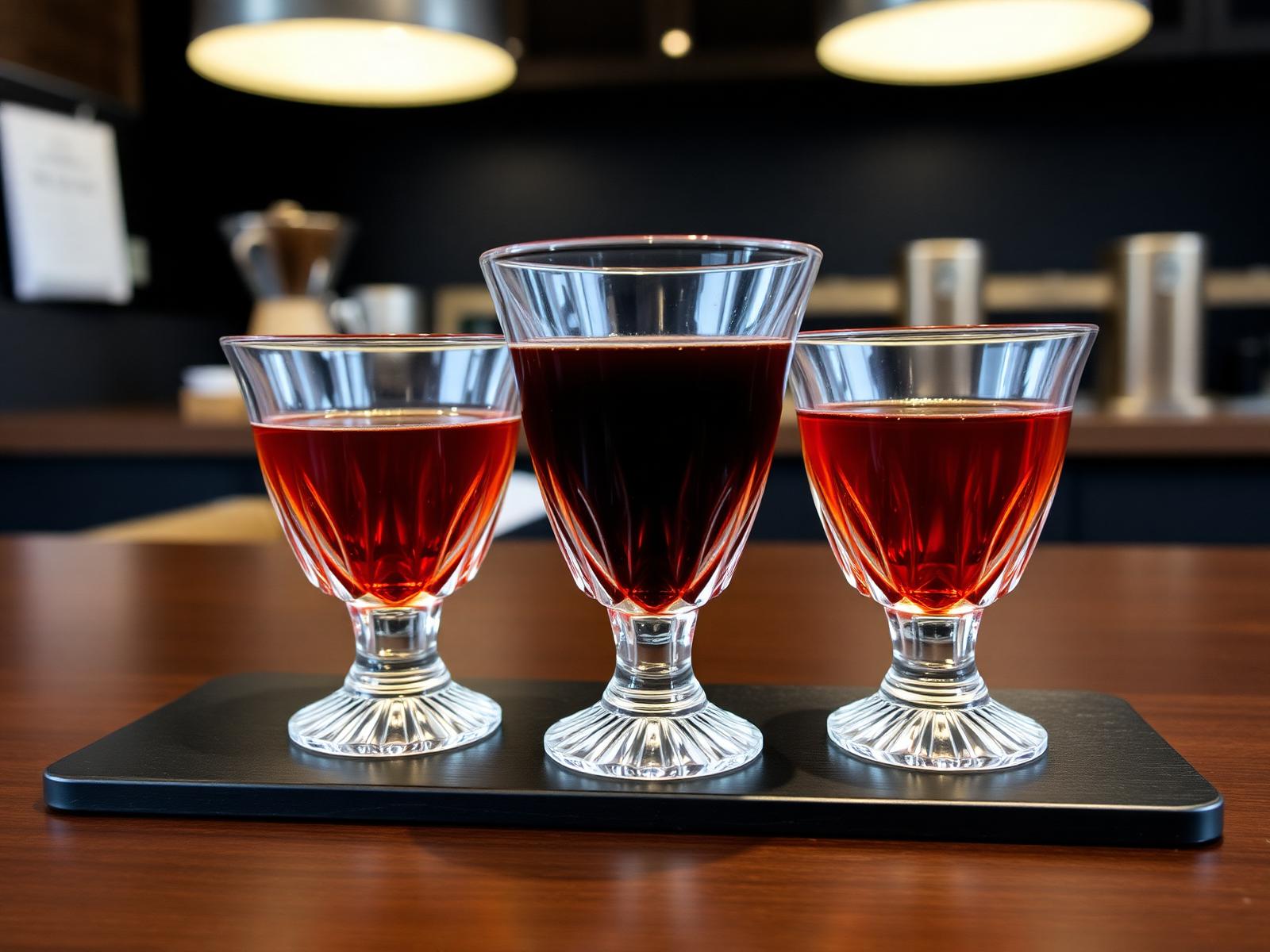 Three crystal cupping glasses with deep amber coffee on dark cupping table