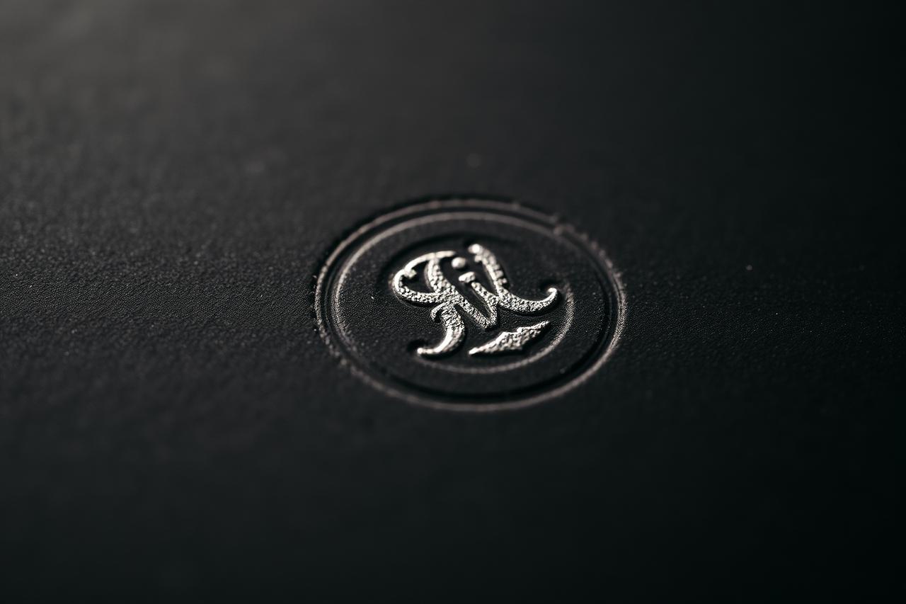 Macro close-up of silver 86+ foil stamp on matte black packaging