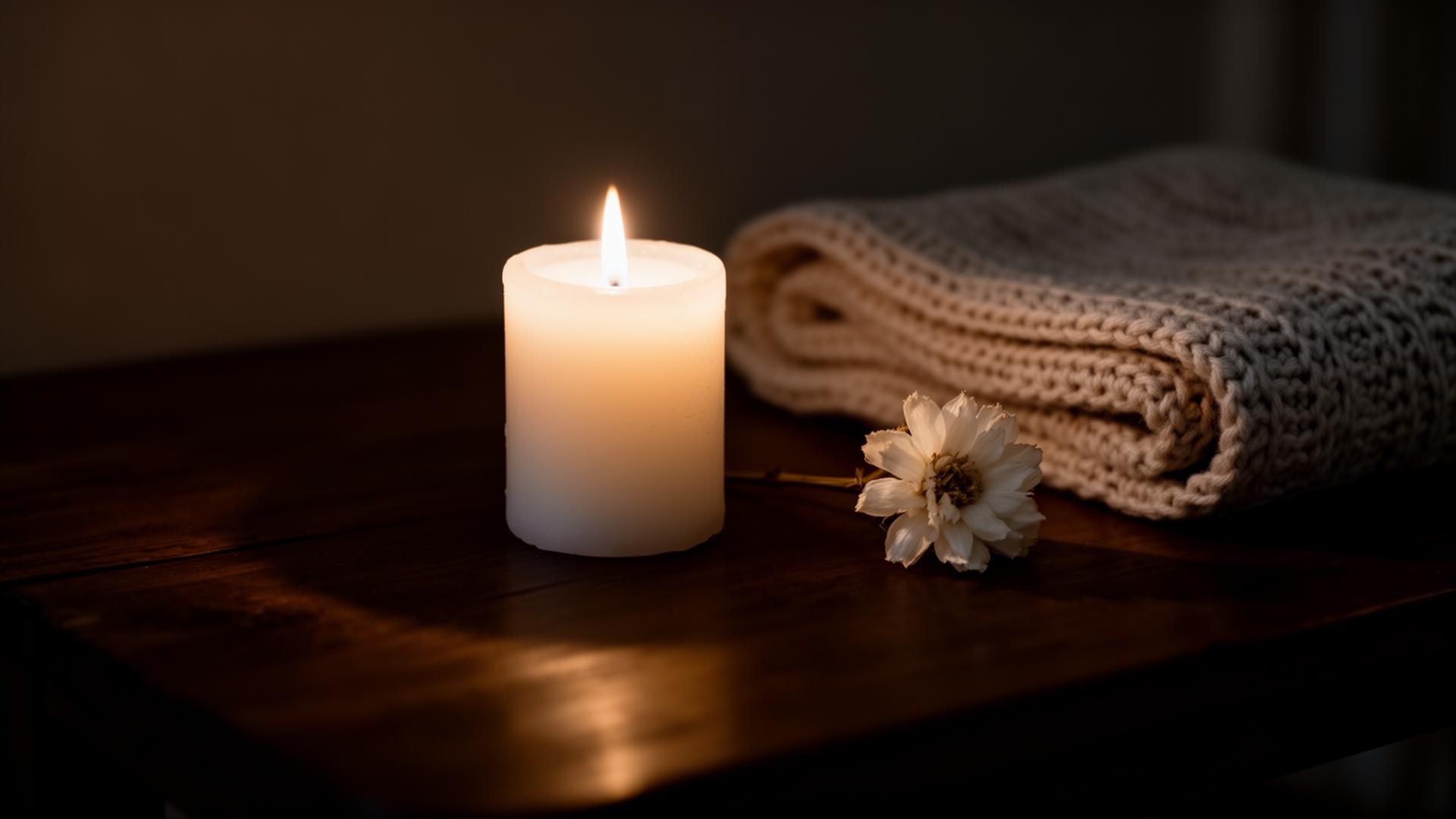 A single white candle and dried flower in soft warm light