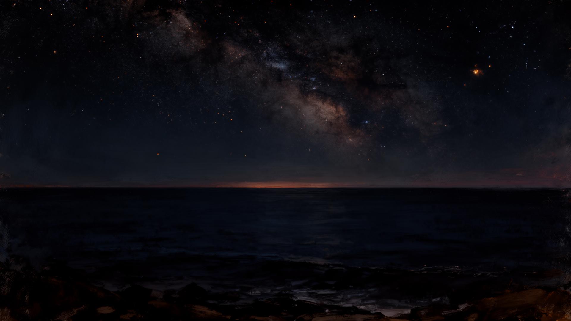 A starlit sky over a quiet dark sea