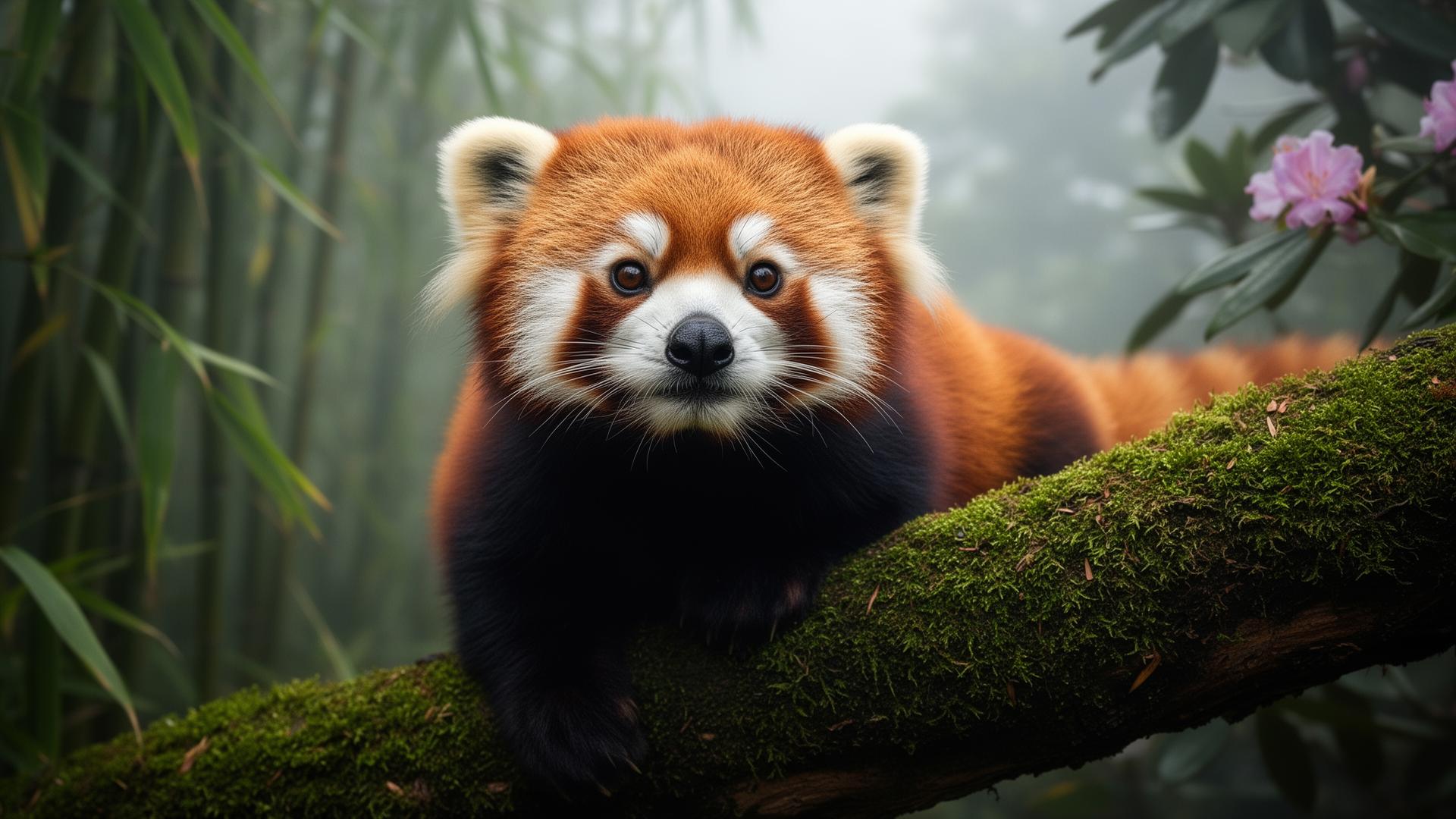 A red panda on a moss-covered branch in a misty Himalayan forest