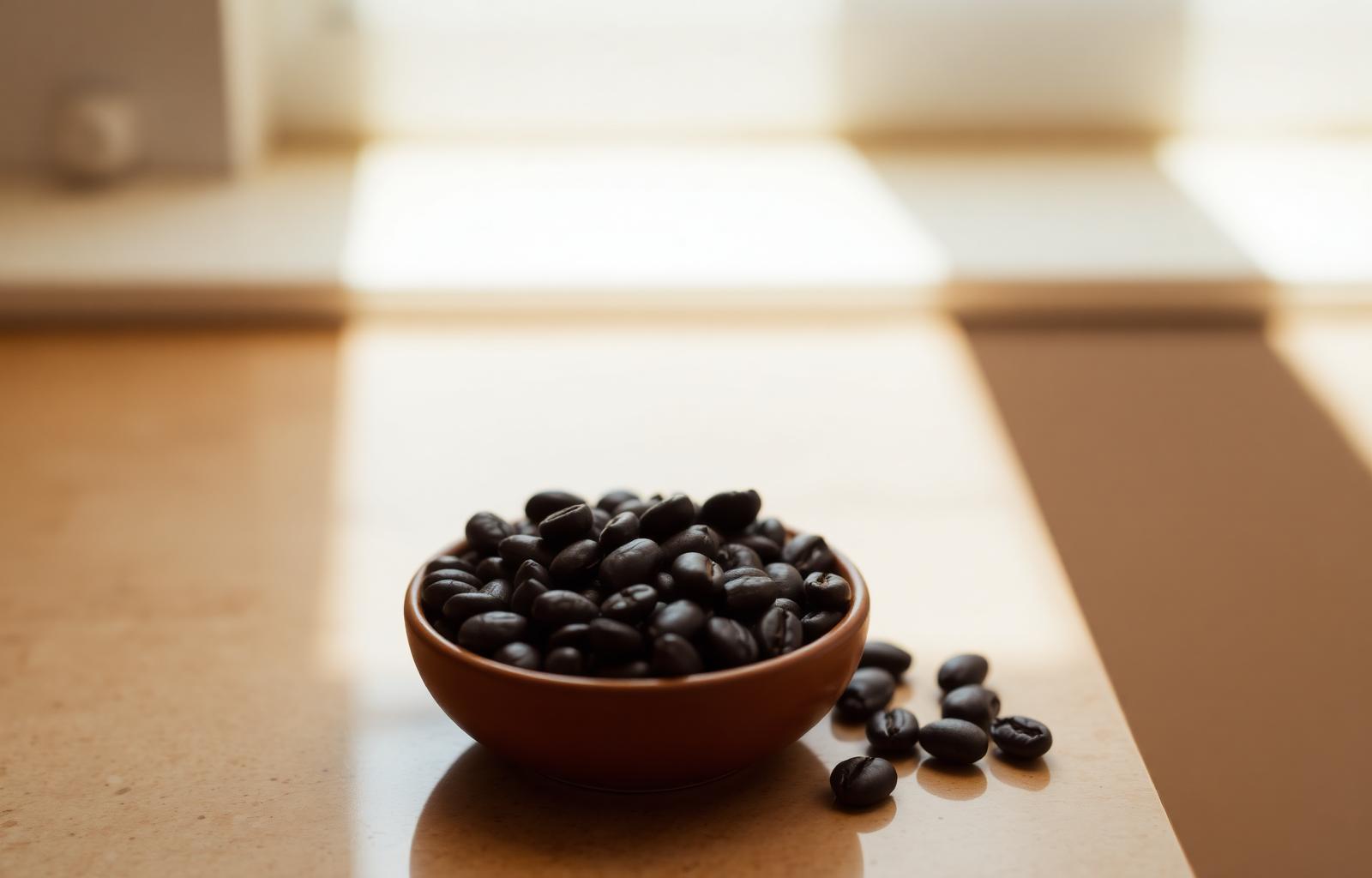 A ceramic bowl of roasted coffee beans on a warm stone counter in soft window light