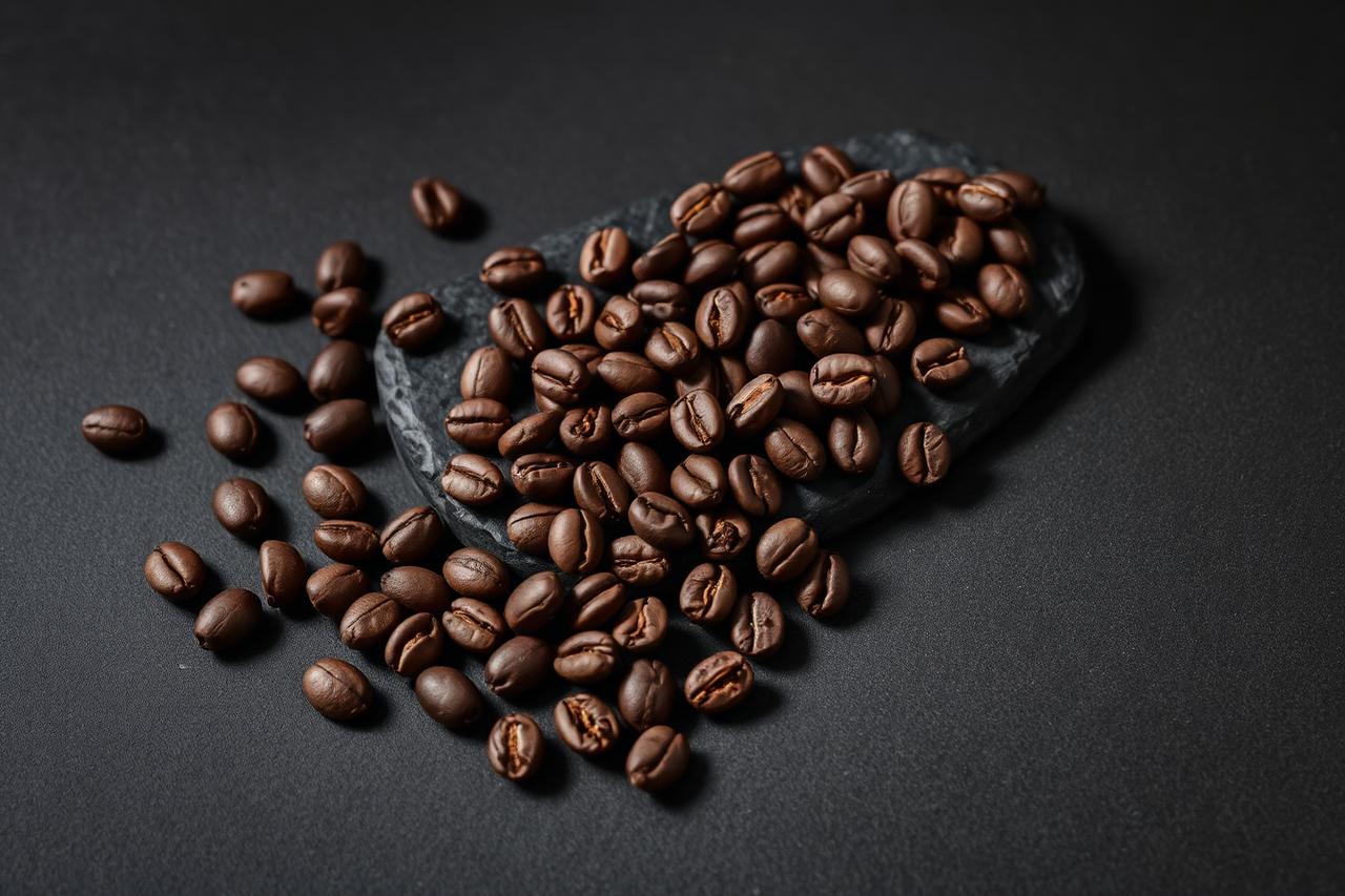 Close-up of glossy medium-dark roasted coffee beans on white