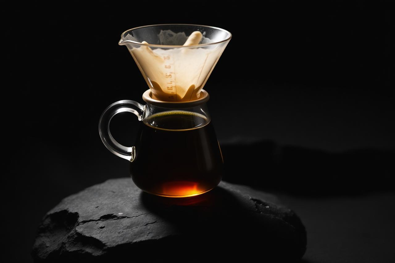 Chemex coffee brewer with golden coffee dripping in warm morning light