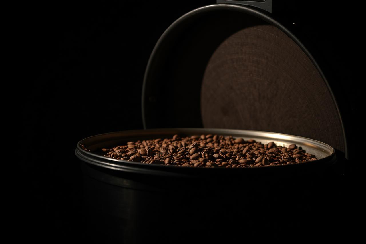 Glowing roast drum interior with beans tumbling in warm orange light