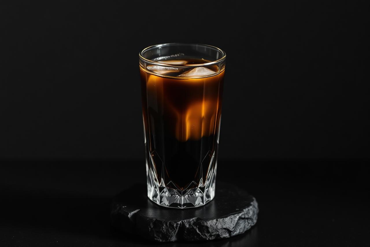 Glass of iced coffee with clear ice cubes and deep amber colour