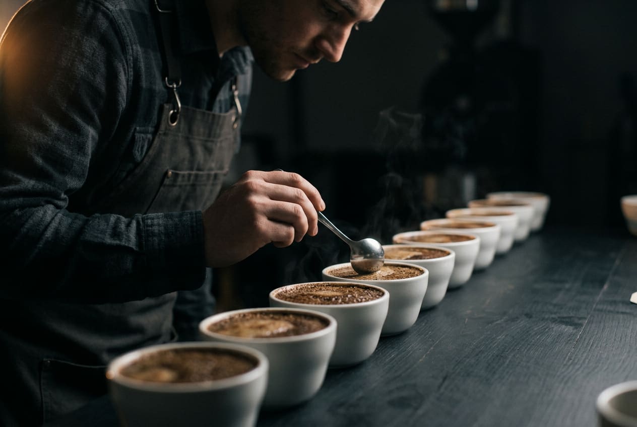 Cupping session with three black bowls and two spoons in the front bowl