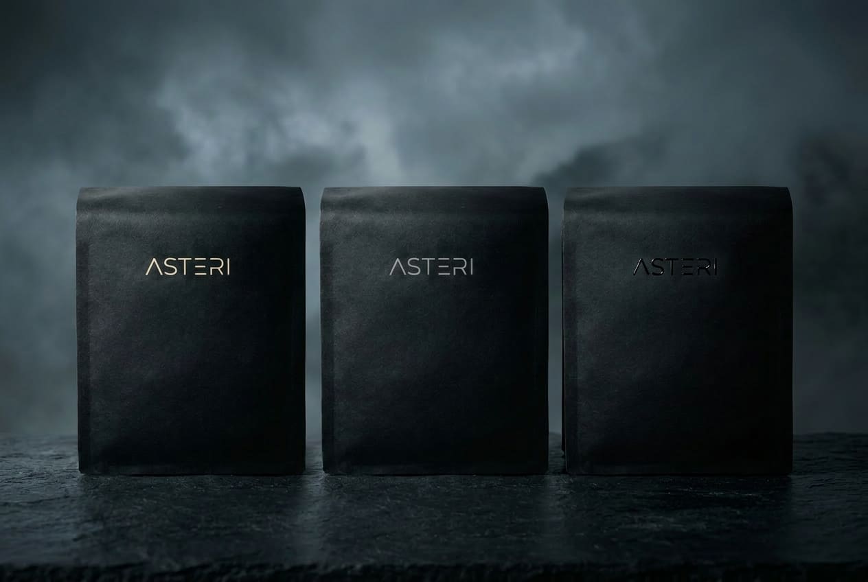 Three matte black Asteri coffee bags lined up in warm directional light