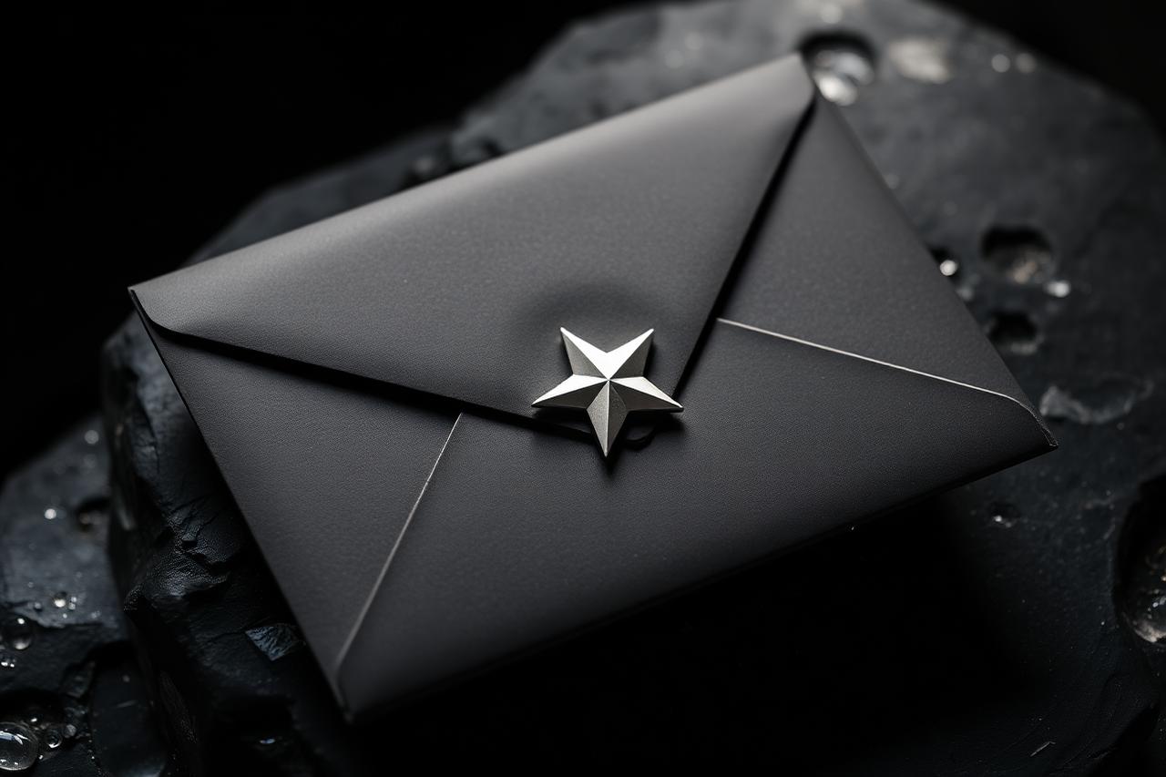Black envelope with silver Asteri wax seal